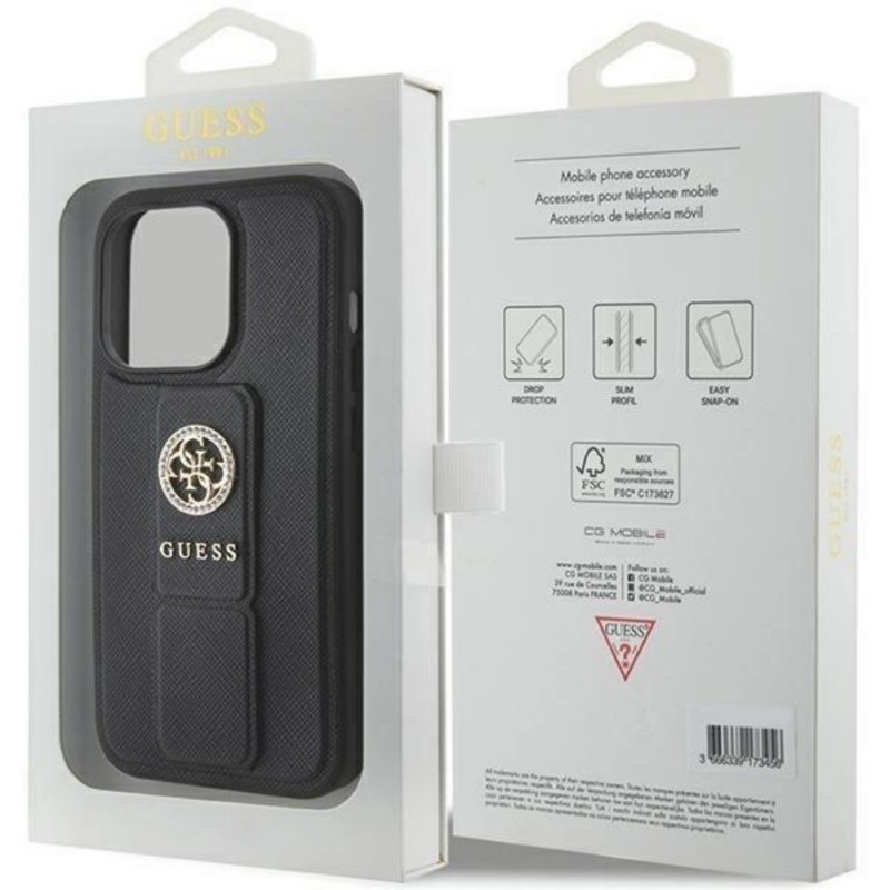 Оригинален кейс Guess Grip Stand Saffiano 4G Strass, За iPhone 15 Pro (6.1), Черен