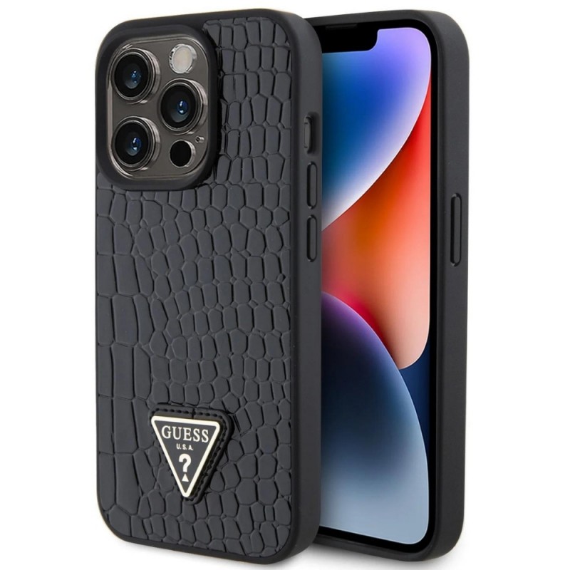 Оригинален кейс Guess HC Croco Triangle Metal Logo, За iPhone 15 Pro (6.1), Черен