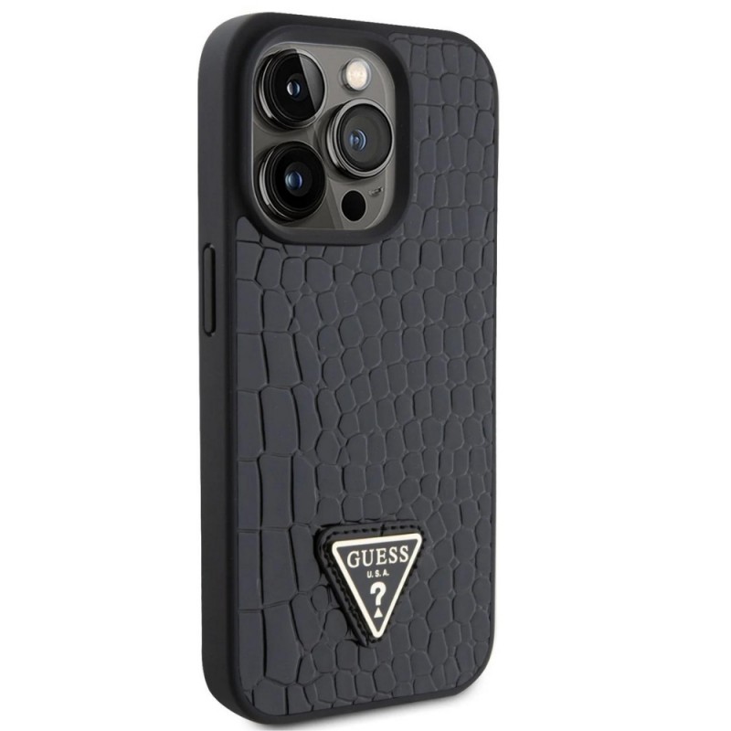 Оригинален кейс Guess HC Croco Triangle Metal Logo, За iPhone 15 Pro (6.1), Черен