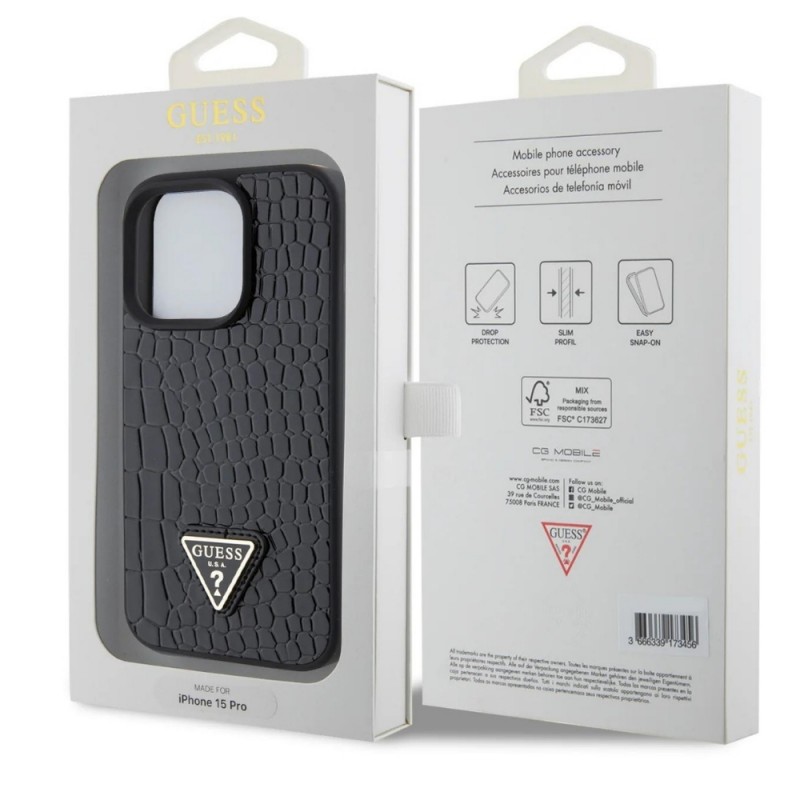 Оригинален кейс Guess HC Croco Triangle Metal Logo, За iPhone 15 Pro (6.1), Черен