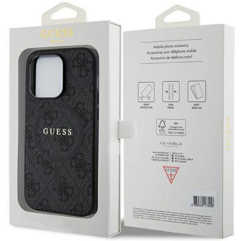 Оригинален кейс Guess HC MagSafe PU 4G Ring Classic Logo, За iPhone 15 Pro (6.1), Черен