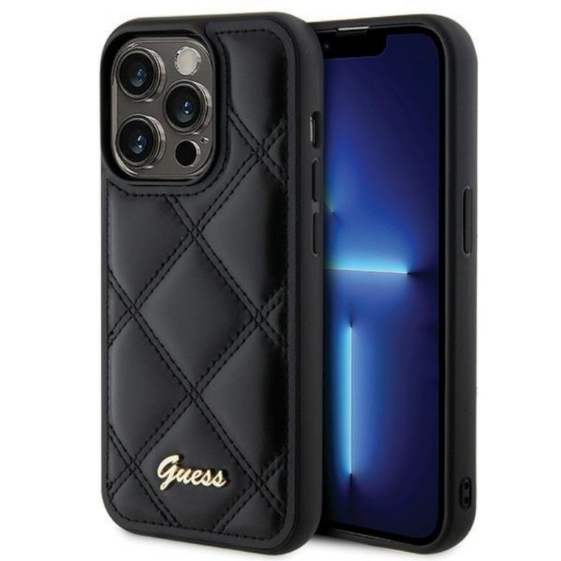 Оригинален кейс Guess HC PU Quilted Metal Logo, За iPhone 15 (6.1), Черен
