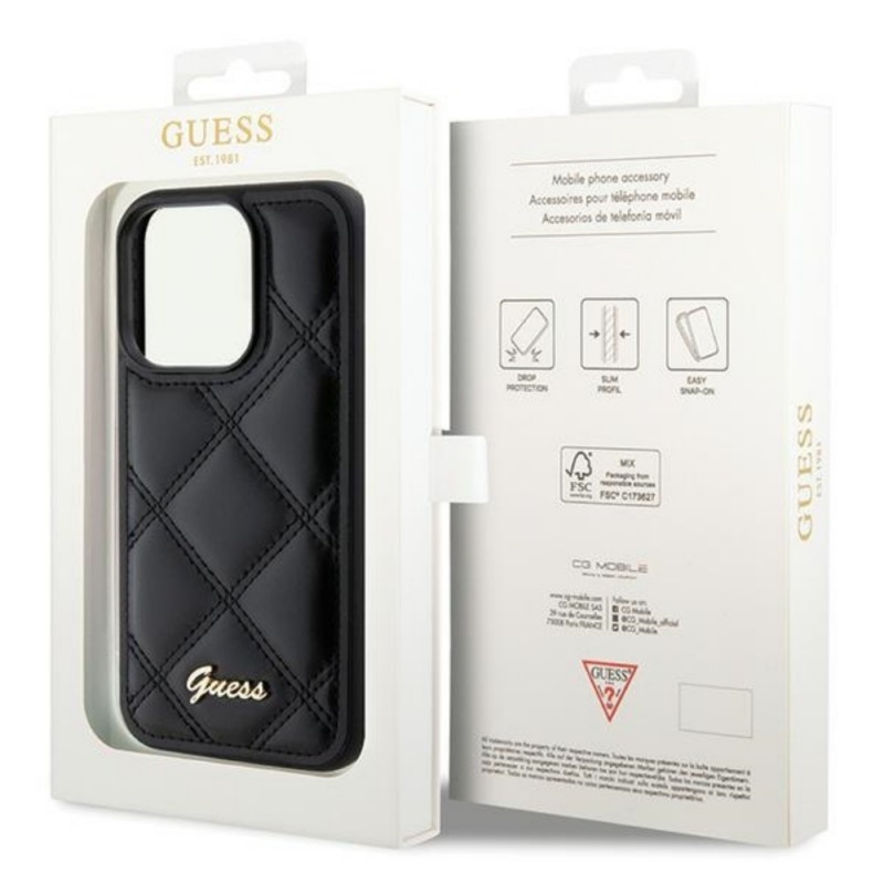 Оригинален кейс Guess HC PU Quilted Metal Logo, За iPhone 15 (6.1), Черен