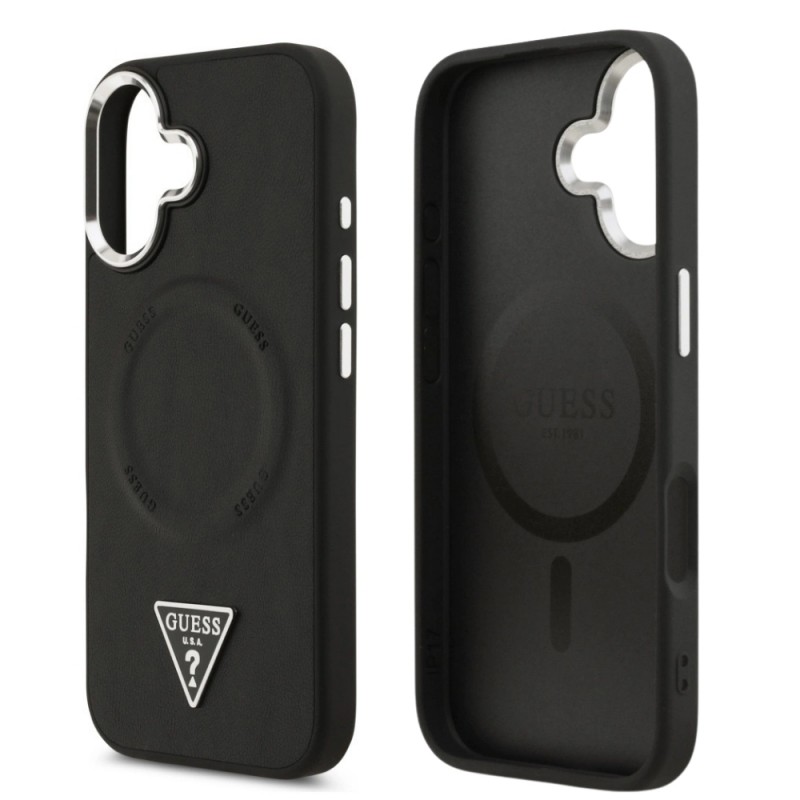 Оригинален кейс Guess Leather Triangle Metal Logo, За iPhone 17 (6.3), Черен