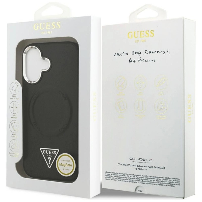 Оригинален кейс Guess Leather Triangle Metal Logo, За iPhone 17 (6.3), Черен