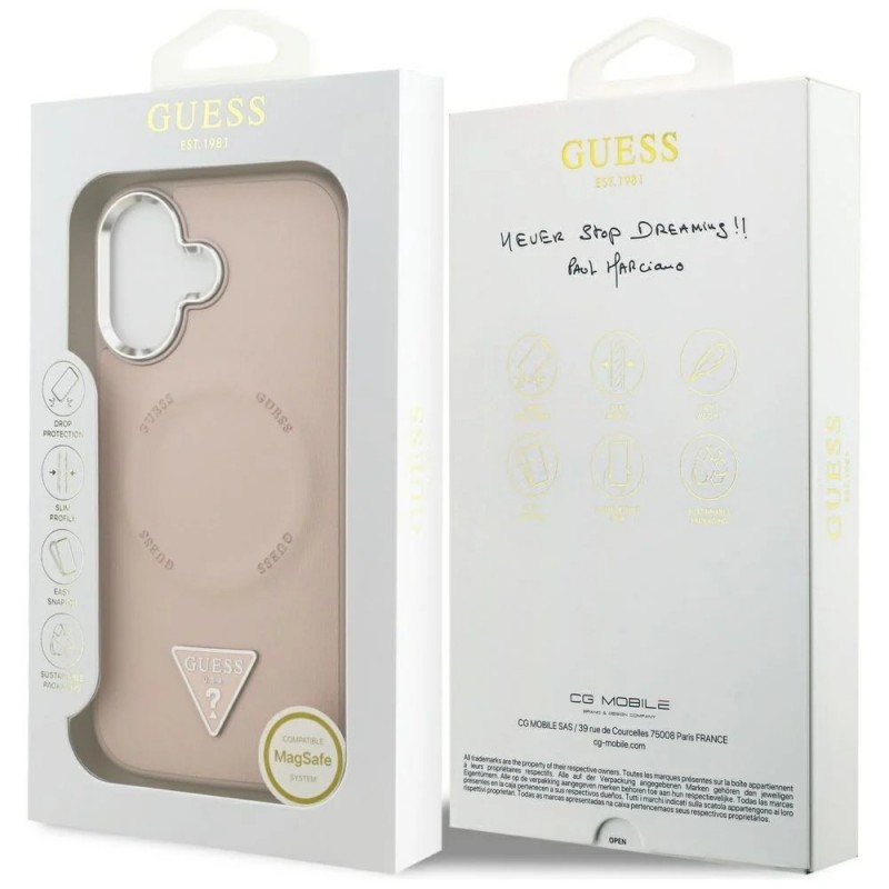 Оригинален кейс Guess Leather Triangle Metal Logo, За iPhone 17 (6.3), Розов