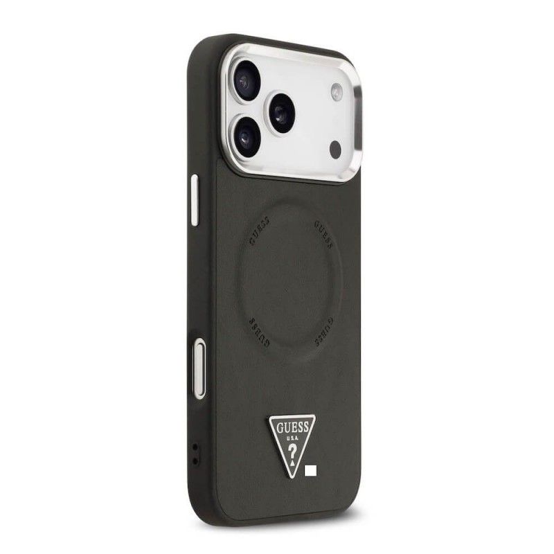 Оригинален кейс Guess Leather Triangle Metal Logo, За iPhone 17 Pro (6.3), Черен