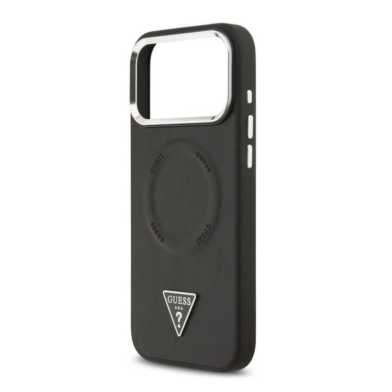 Оригинален кейс Guess Leather Triangle Metal Logo, За iPhone 17 Pro (6.3), Черен
