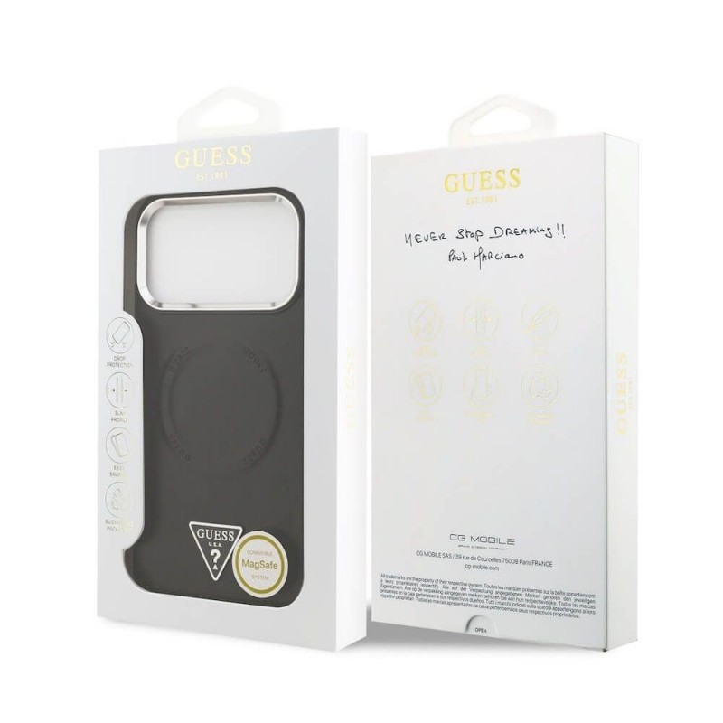 Оригинален кейс Guess Leather Triangle Metal Logo, За iPhone 17 Pro (6.3), Черен