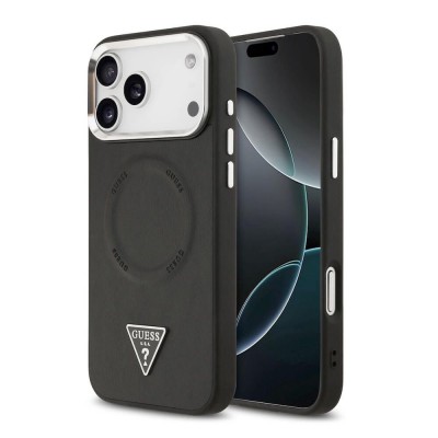Оригинален кейс Guess Leather Triangle Metal Logo, За iPhone 17 Pro Max (6.9), Черен
