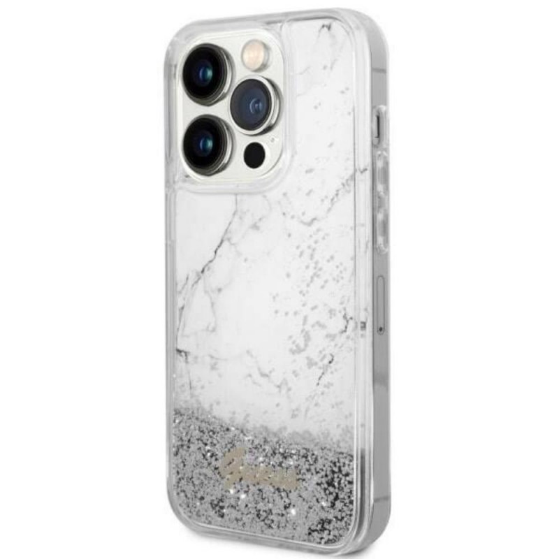 Оригинален кейс Guess Liquid Glitter Marble, За iPhone 14 Pro (6.1), Сребрист