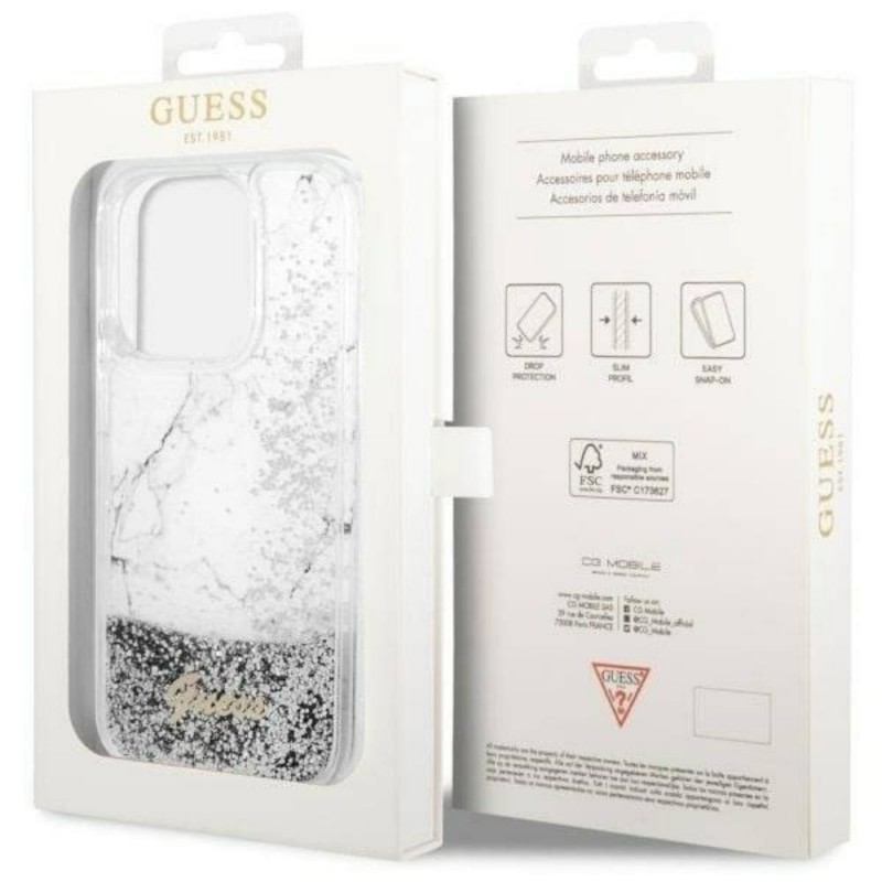 Оригинален кейс Guess Liquid Glitter Marble, За iPhone 14 Pro (6.1), Сребрист