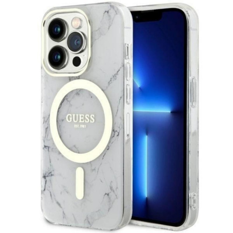 Оригинален кейс Guess Marble MagSafe, За iPhone 14 Pro Max (6.7), Бял