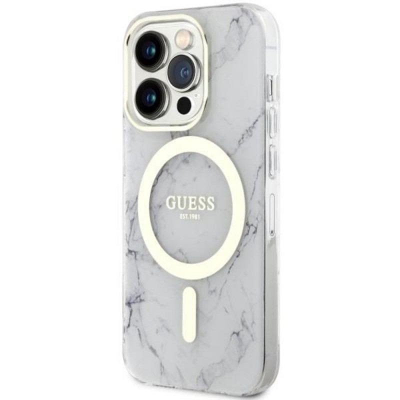 Оригинален кейс Guess Marble MagSafe, За iPhone 14 Pro Max (6.7), Бял