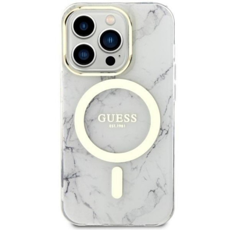 Оригинален кейс Guess Marble MagSafe, За iPhone 14 Pro Max (6.7), Бял