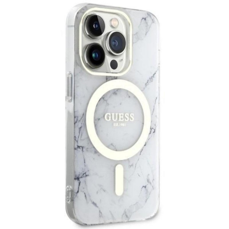 Оригинален кейс Guess Marble MagSafe, За iPhone 14 Pro Max (6.7), Бял