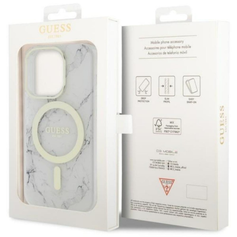 Оригинален кейс Guess Marble MagSafe, За iPhone 14 Pro Max (6.7), Бял