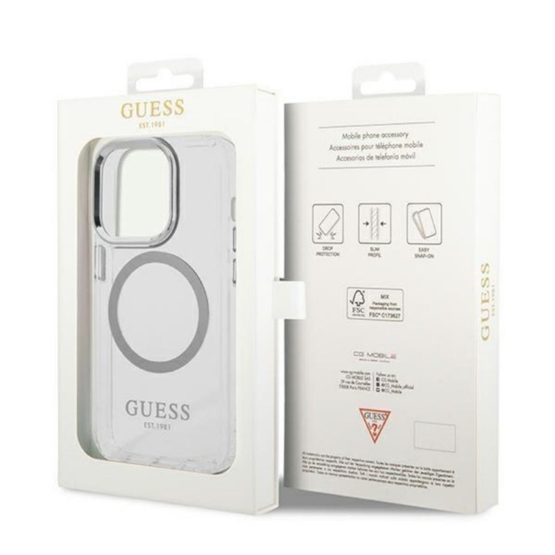 Оригинален кейс Guess Metal Outline Magsafe, За iPhone 14 Pro (6.1), Сребрист