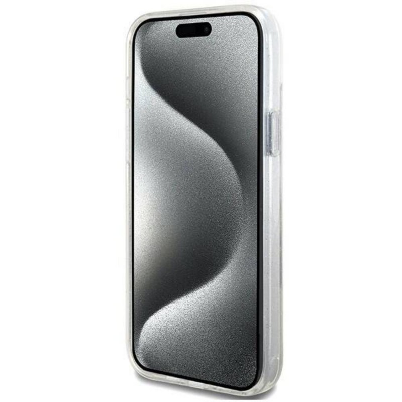 Оригинален кейс Guess Ring Stand Script Glitter MagSafe, За iPhone 15 Plus (6.7), Прозрачен