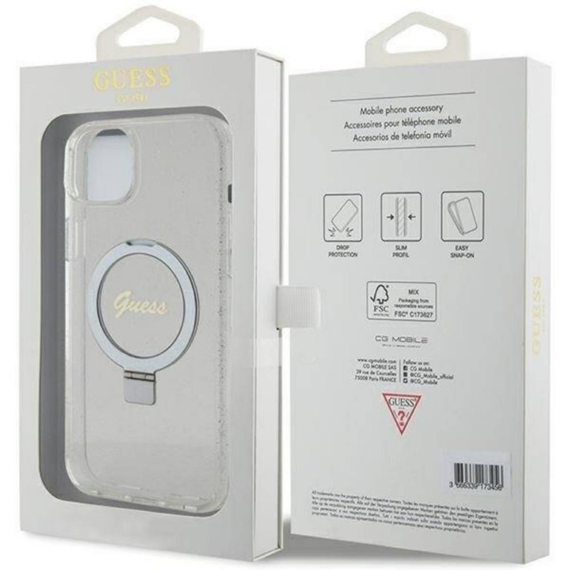 Оригинален кейс Guess Ring Stand Script Glitter MagSafe, За iPhone 15 Plus (6.7), Прозрачен
