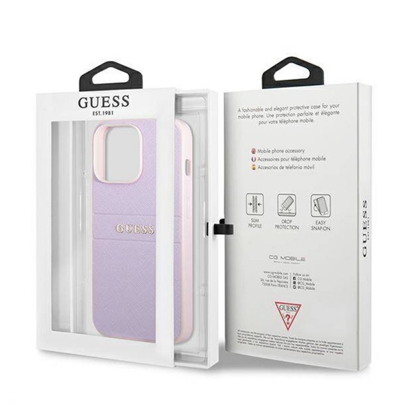 Оригинален кейс Guess Saffiano Hot Stamp and Metal Logo, За iPhone 13 Pro (6.1), Светлолилав