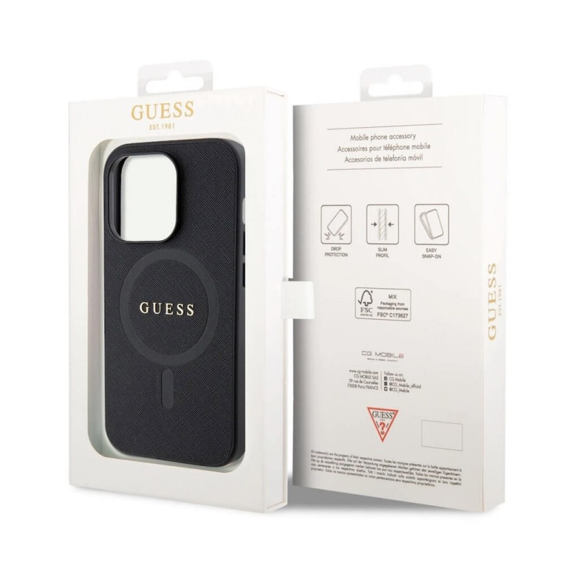 Оригинален кейс Guess Saffiano MagSafe, За iPhone 15 Pro Max (6.7), Черен