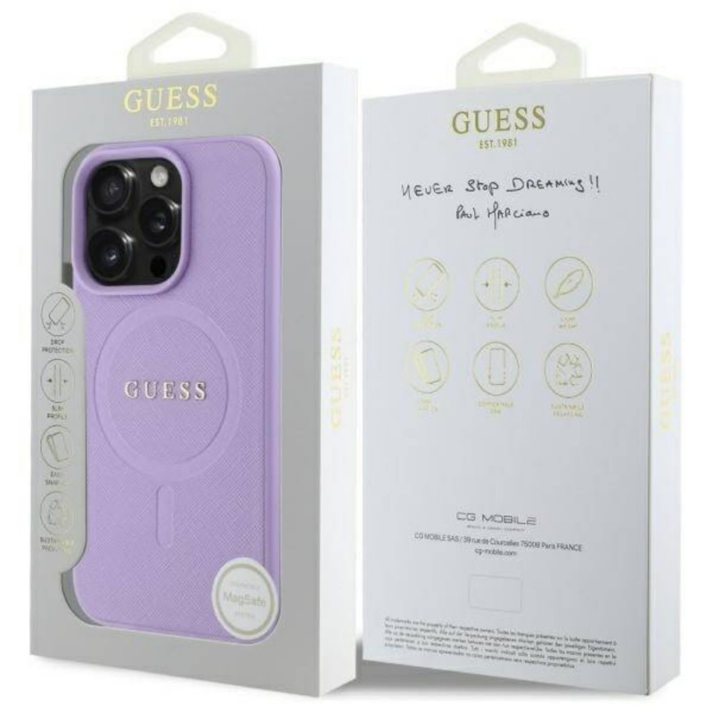 Оригинален кейс Guess Saffiano MagSafe, За iPhone 16 Pro (6.3), Лилав