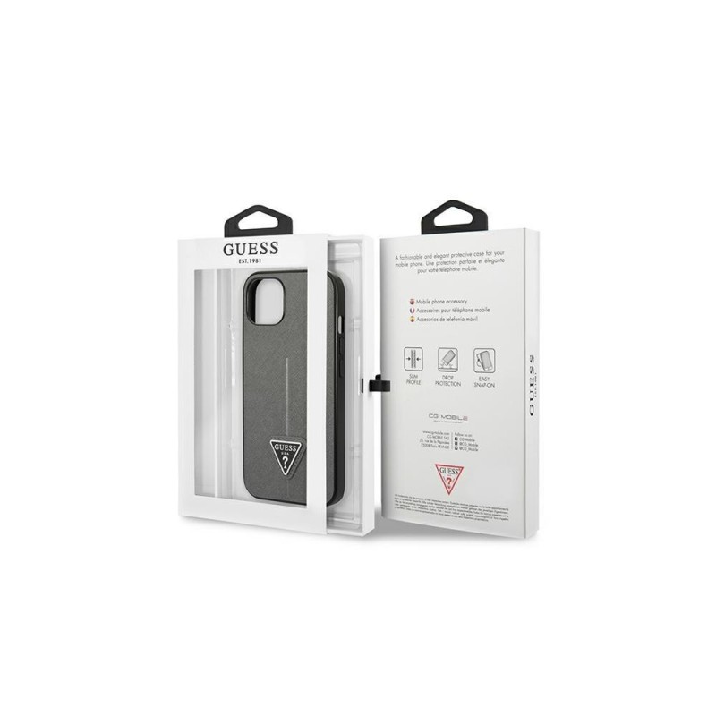Оригинален кейс Guess Saffiano Triangle Logo, За iPhone 14 (6.1), Сребрист