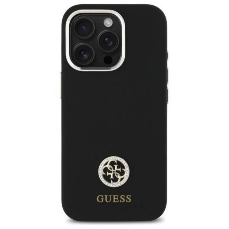 Оригинален кейс Guess Silicone Logo Strass 4G, За iPhone 16 Pro (6.3), Черен