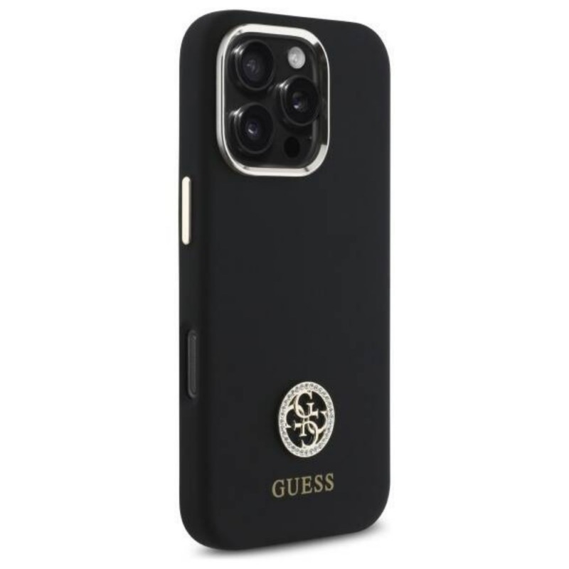 Оригинален кейс Guess Silicone Logo Strass 4G, За iPhone 16 Pro (6.3), Черен