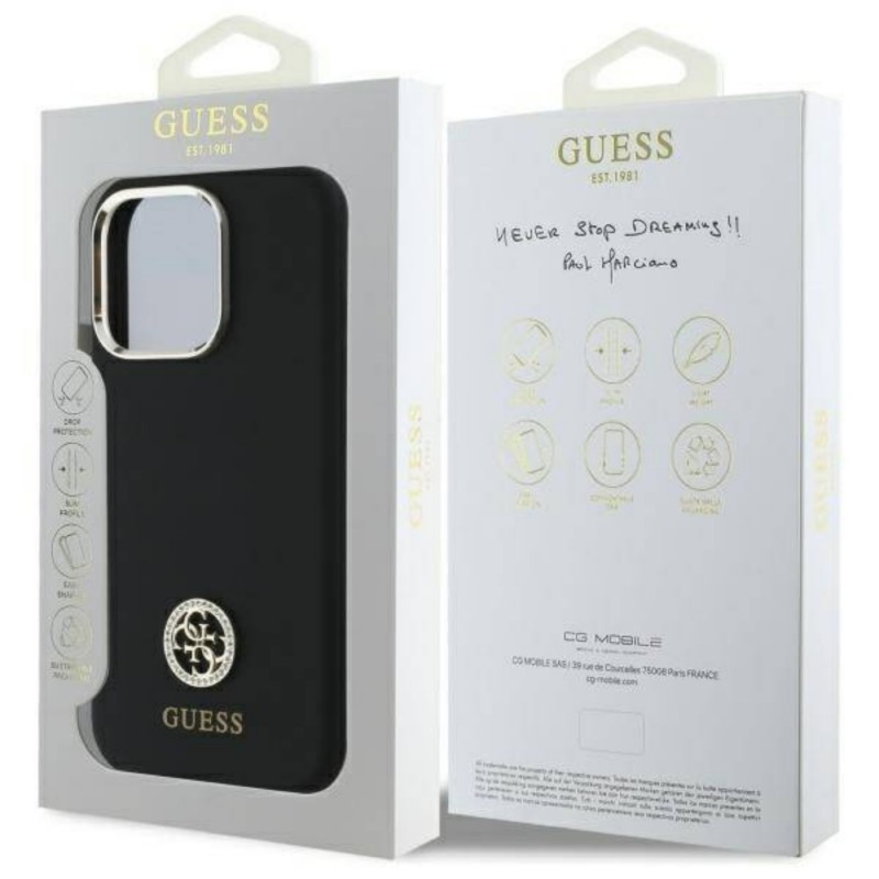 Оригинален кейс Guess Silicone Logo Strass 4G, За iPhone 16 Pro (6.3), Черен