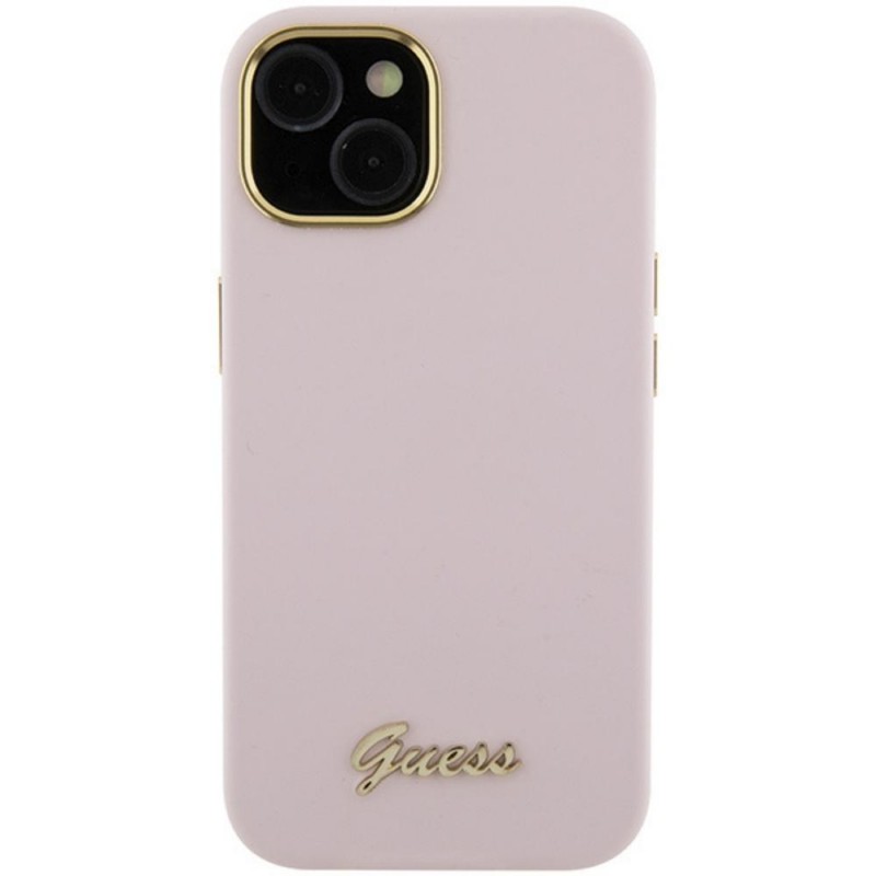 Оригинален кейс Guess Silicone Script Metal Logo and Frame, За iPhone 15 (6.1), Розов