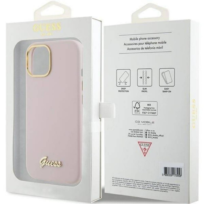 Оригинален кейс Guess Silicone Script Metal Logo and Frame, За iPhone 15 (6.1), Розов