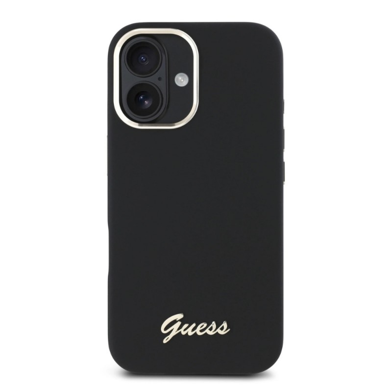 Оригинален кейс Guess Silicone Script Metal Logo and Frame, За iPhone 16 (6.1), Черен