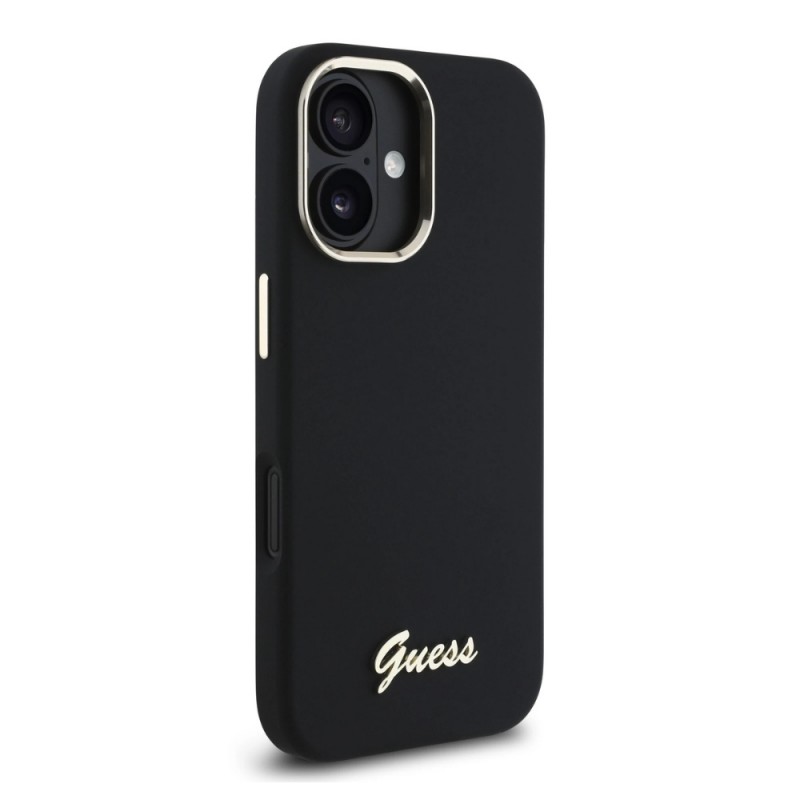 Оригинален кейс Guess Silicone Script Metal Logo and Frame, За iPhone 16 (6.1), Черен