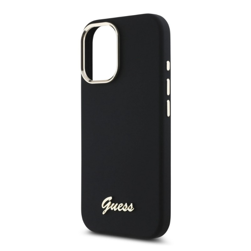 Оригинален кейс Guess Silicone Script Metal Logo and Frame, За iPhone 16 (6.1), Черен