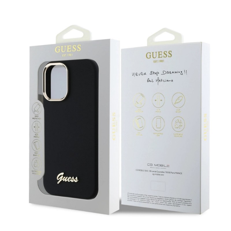 Оригинален кейс Guess Silicone Script Metal Logo and Frame, За iPhone 16 (6.1), Черен