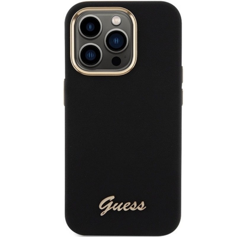 Оригинален кейс Guess Silicone Script Metal Logo and Frame, За iPhone 16 Pro (6.3), Черен