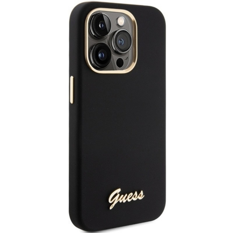 Оригинален кейс Guess Silicone Script Metal Logo and Frame, За iPhone 16 Pro (6.3), Черен