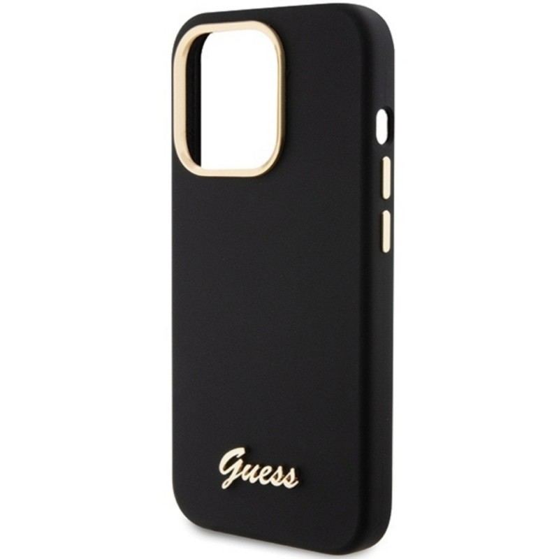 Оригинален кейс Guess Silicone Script Metal Logo and Frame, За iPhone 16 Pro (6.3), Черен