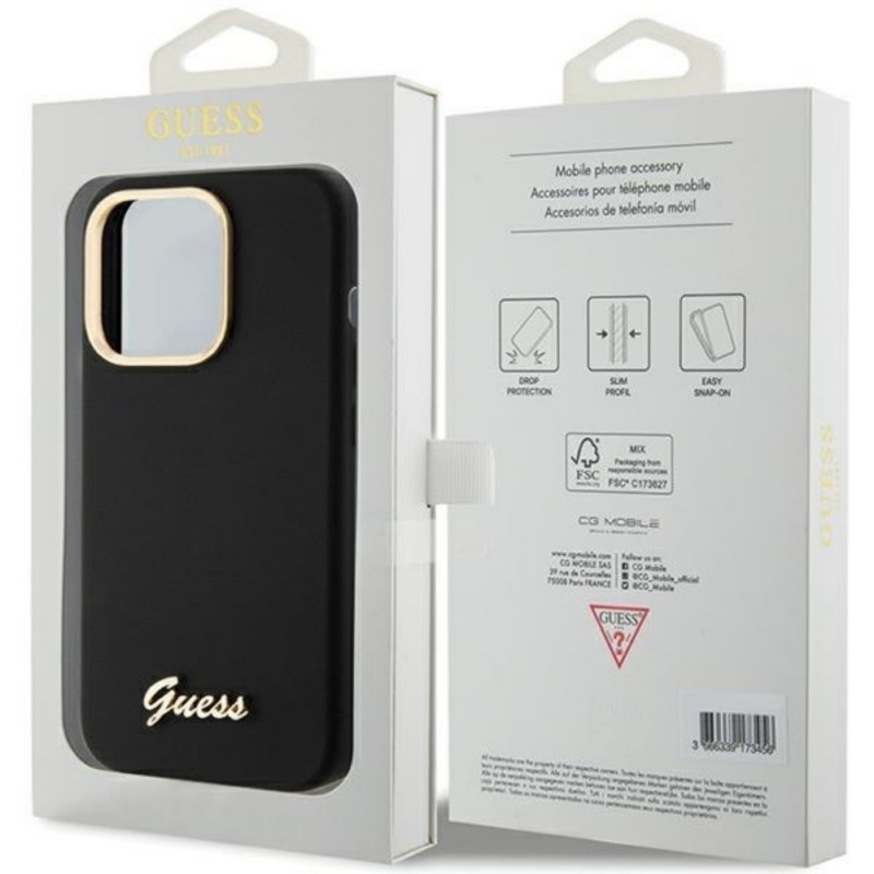 Оригинален кейс Guess Silicone Script Metal Logo and Frame, За iPhone 16 Pro (6.3), Черен