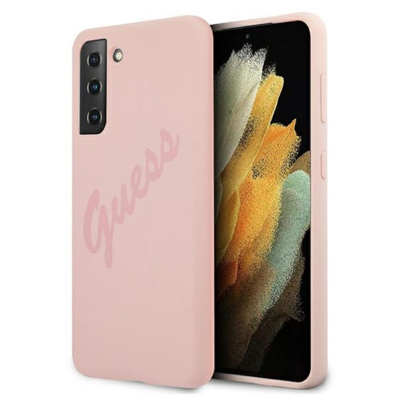 Оригинален кейс Guess Silicone Vintage с розов надпис, За Samsung Galaxy S21 Ultra (G998B), Розов