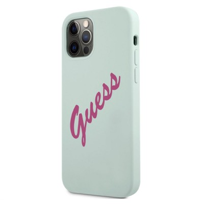 Оригинален кейс Guess Silicone Vintage с цикламен надпис, За iPhone 12/12 Pro (6.1), Ментов