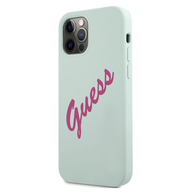 Оригинален кейс Guess Silicone Vintage с цикламен надпис, За iPhone 12/12 Pro (6.1), Ментов