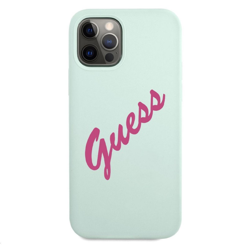 Оригинален кейс Guess Silicone Vintage с цикламен надпис, За iPhone 12/12 Pro (6.1), Ментов