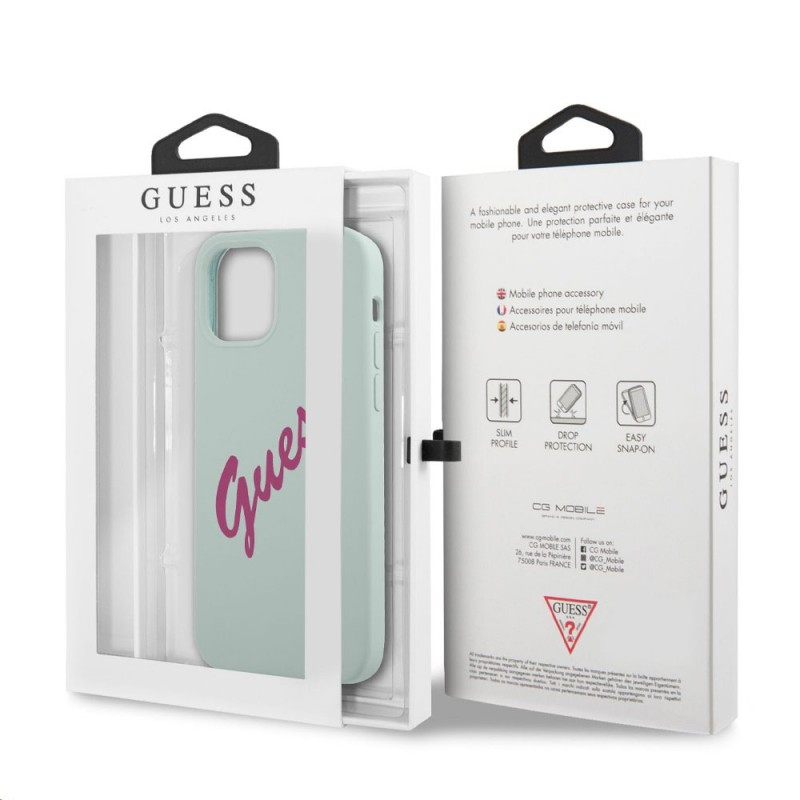 Оригинален кейс Guess Silicone Vintage с цикламен надпис, За iPhone 12/12 Pro (6.1), Ментов