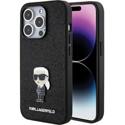 Оригинален кейс Karl Lagerfeld Fixed Glitter Ikonik Logo Metal Pin, За iPhone 15 Pro (6.1), Черен