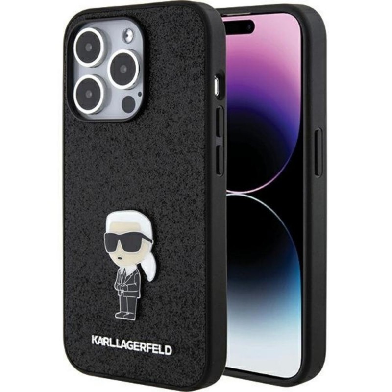 Оригинален кейс Karl Lagerfeld Fixed Glitter Ikonik Logo Metal Pin, За iPhone 15 Pro (6.1), Черен