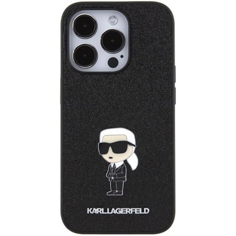 Оригинален кейс Karl Lagerfeld Fixed Glitter Ikonik Logo Metal Pin, За iPhone 15 Pro (6.1), Черен