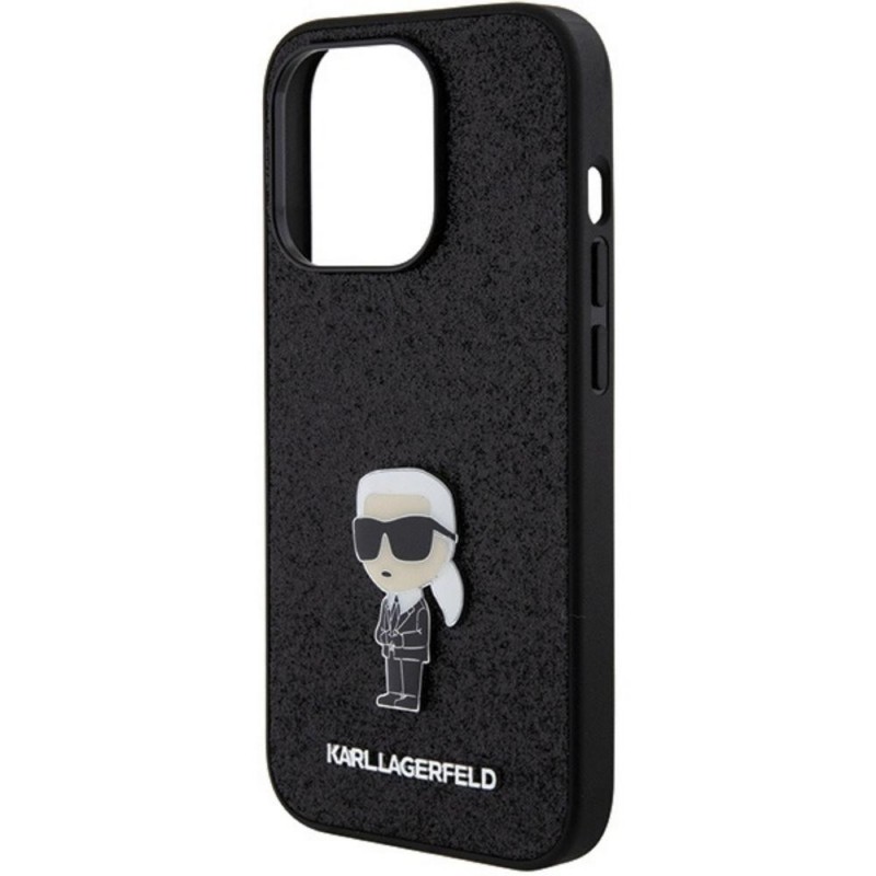 Оригинален кейс Karl Lagerfeld Fixed Glitter Ikonik Logo Metal Pin, За iPhone 15 Pro (6.1), Черен